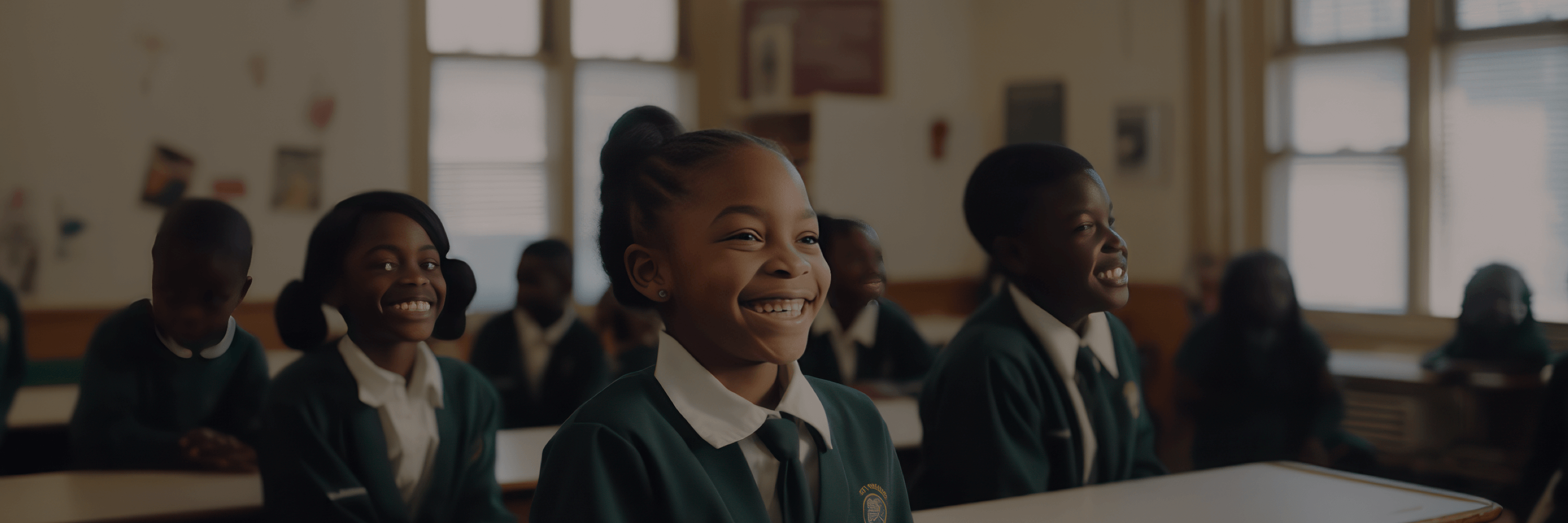 Image of young girls smiling in a classroom